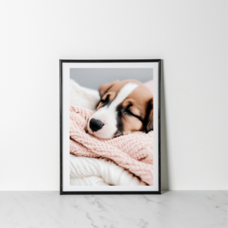 Wall art print of a cute little puppy with fluffy fur and expressive eyes, set against a pastel-colored background, highlighting the puppy's playful and adorable nature.