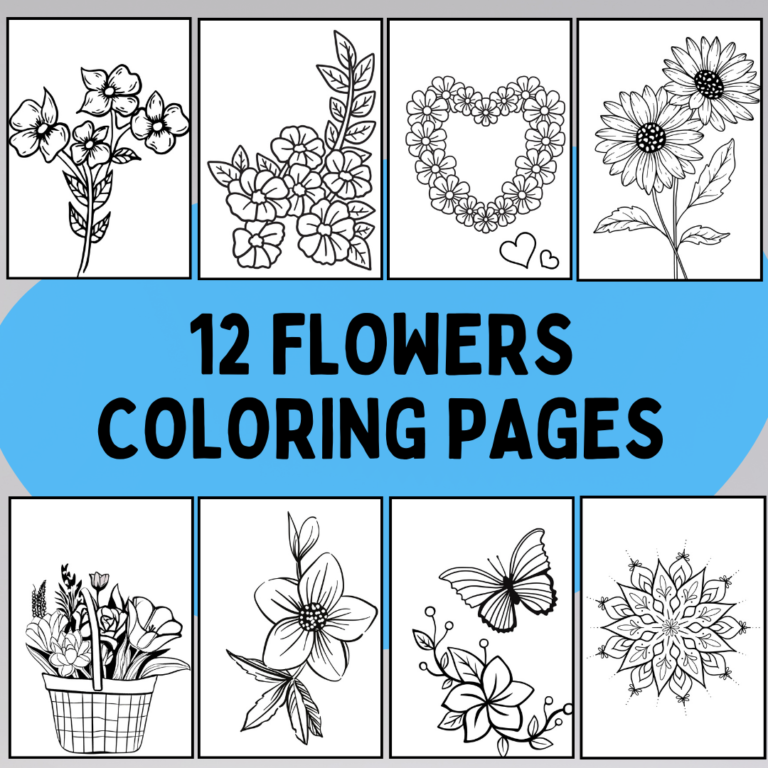 12 easy flower coloring pages featuring simple line drawings of popular flowers like daisies, tulips, and sunflowers. Printable and perfect for children and beginners, formatted for standard letter-sized paper.