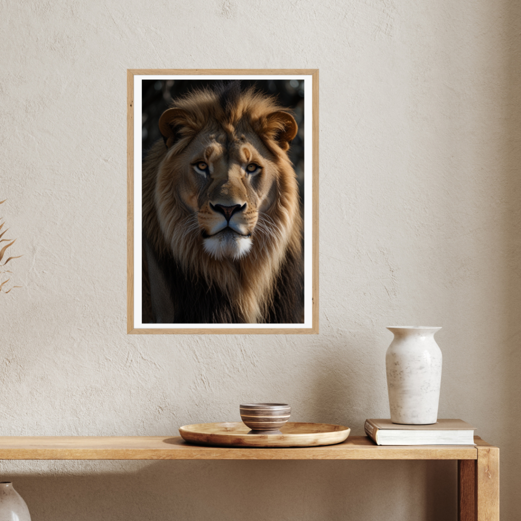 Dramatic close-up wall art print of a lion, focusing on the intense gaze, detailed mane, and textured fur, highlighting the powerful and regal presence of the animal.