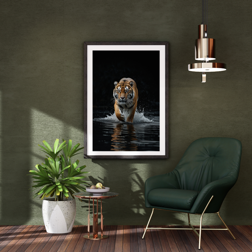 Dramatic close-up wall art print of a tiger, showcasing the intense gaze, vibrant orange fur, and black stripes, emphasizing the powerful and majestic presence of the animal.