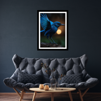 A stunning wall art print of a vibrant blue bird with dark background.