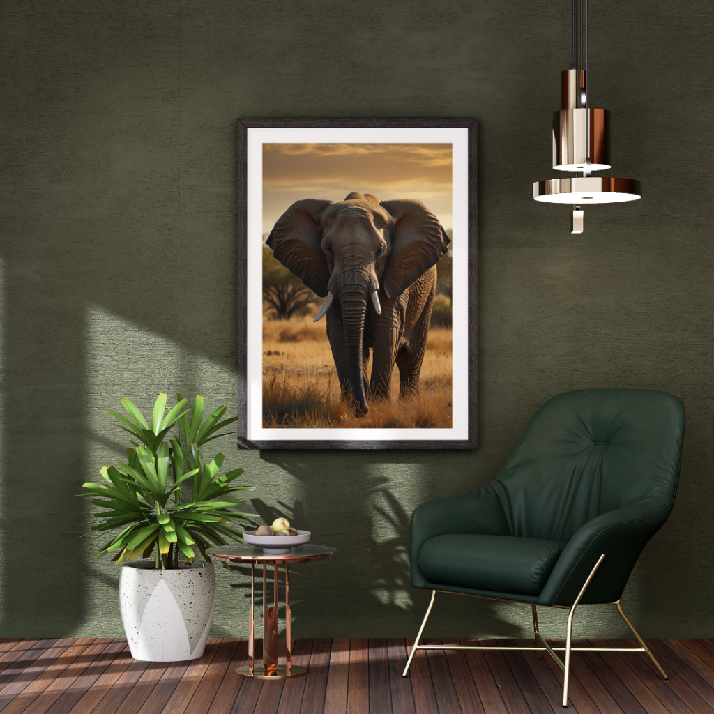 Close-up wall art print of an elephant, highlighting the textured gray skin, large ears, and expressive eyes in detailed focus, capturing the grandeur and gentle nature of the animal.