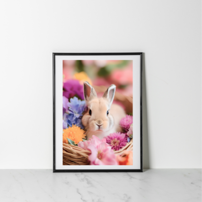 A charming wall art print of a cute baby bunny with soft, fluffy fur.