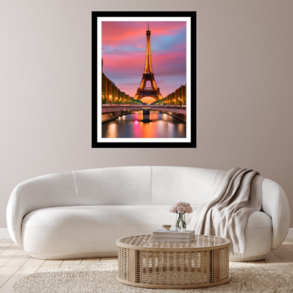 Elegant wall art print of the Eiffel Tower, showcasing its iconic lattice structure against a vibrant sky. The scene includes lush greenery and distant architectural elements, highlighting the majestic presence of the Eiffel Tower in Paris.