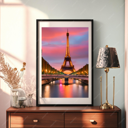 Elegant Eiffel Tower wall art print with sky and greenery, Vintage Paris Eiffel Tower wall decor, Framed Eiffel Tower print with scenic background