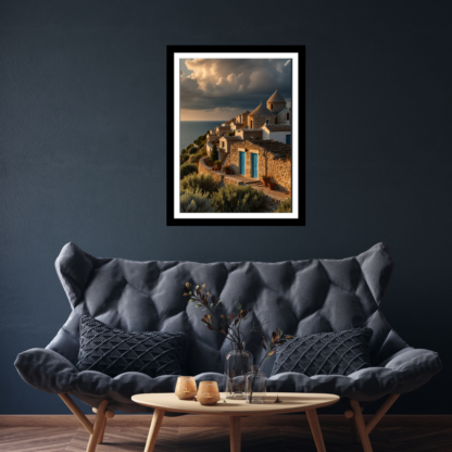 Charming wall art print of Puglia, Italy, featuring whitewashed trulli houses with conical roofs set against lush countryside. The scene is illuminated with soft, golden light, capturing the region’s serene and picturesque beauty.