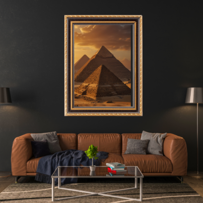 Stunning wall art print of the Pyramids of Giza with warm sunlight illuminating the ancient structures against a clear blue sky.