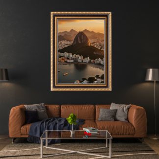 Vibrant wall art print of Rio de Janeiro, featuring iconic landmarks like Christ the Redeemer and Sugarloaf Mountain, with Copacabana and Ipanema beaches. The scene includes lush green hills and a clear blue sky, highlighting the city's energetic and picturesque beauty.