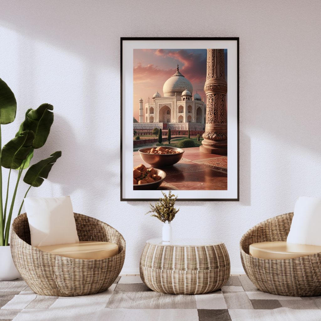 Wall art print featuring the Taj Mahal at sunset with warm orange and pink hues, accompanied by a bowl of food in the foreground, blending iconic architecture with a serene dining scene.