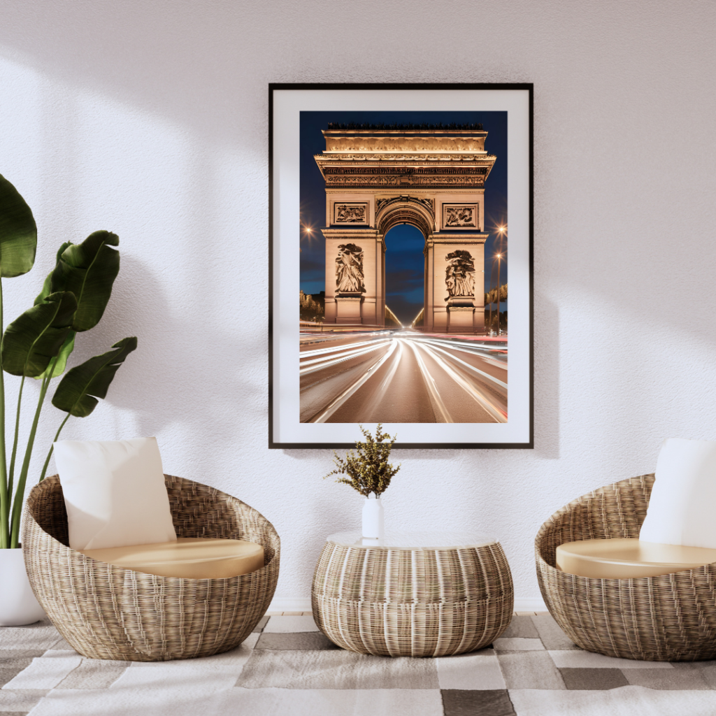 Wall art print of the Arc de Triomphe in Paris, France, featuring intricate details and warm city lights, showcasing the iconic monument against a Parisian backdrop.