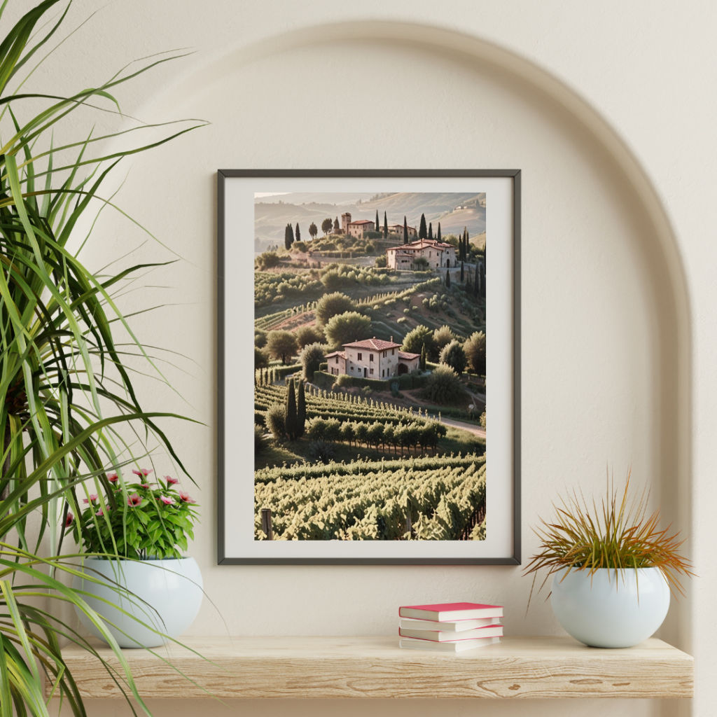 Tuscan wall art print depicting rolling hills covered in vineyards, traditional farmhouses, and a golden sunset, showcasing the serene and picturesque beauty of the Tuscan countryside.