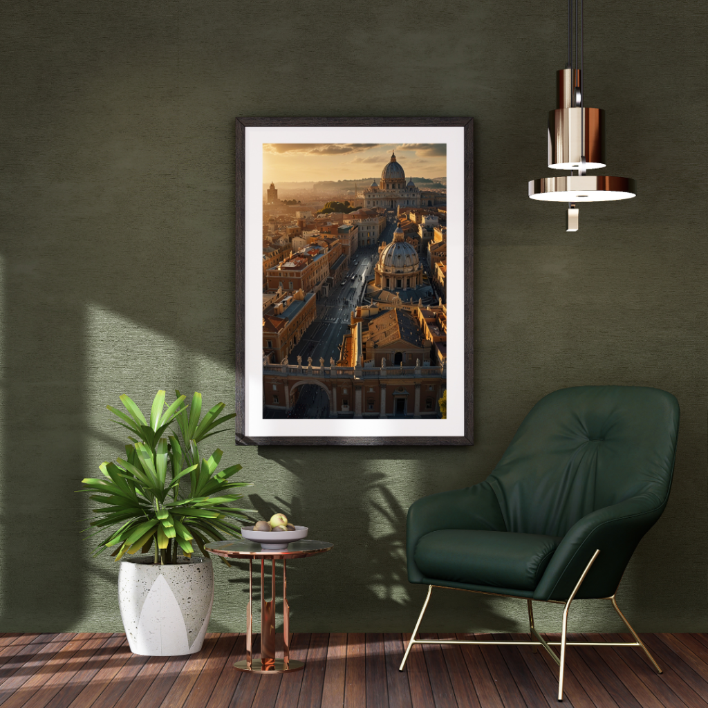 High-resolution wall art print of Vatican City showing detailed architecture and statues illuminated by golden light, with tourists and pilgrims creating a vibrant atmosphere.