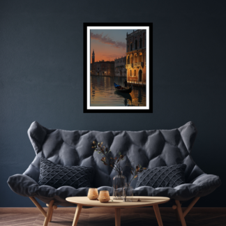 Charming wall art print of Venice, Italy, featuring iconic canals with gondolas, historic buildings with ornate facades, and reflections in the tranquil water. The scene is bathed in soft, golden light, highlighting the city's romantic and timeless beauty.