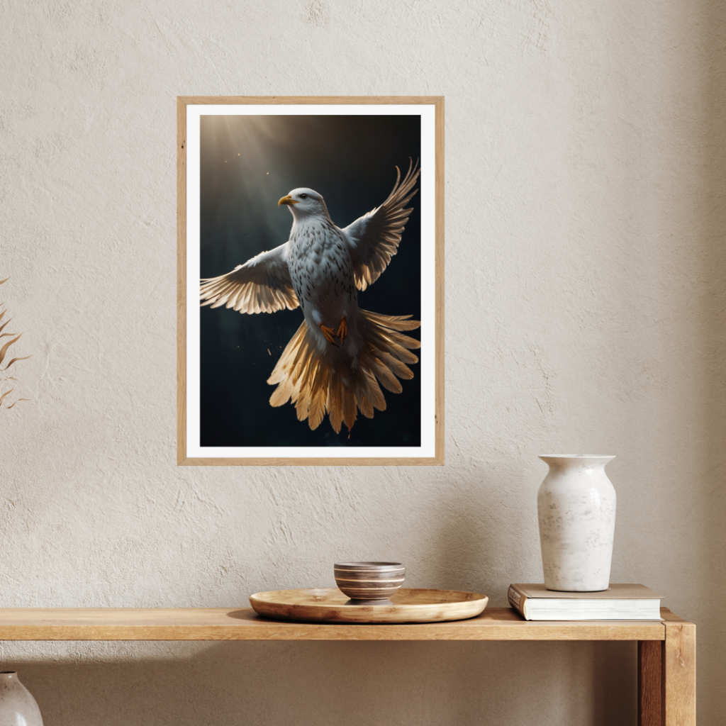 White holy bird wall art design, featuring the bird’s pure white feathers and gentle demeanor against a soft, ethereal background, evoking tranquility and spiritual beauty.