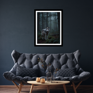 A striking wall art print featuring a detailed portrait of a majestic wolf.