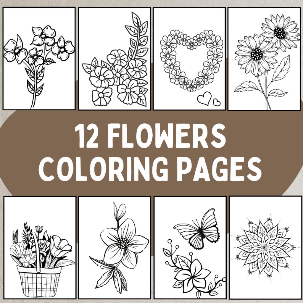 12 easy flower coloring pages featuring simple line drawings of popular flowers like daisies, tulips, and sunflowers. Printable and perfect for children and beginners, formatted for standard letter-sized paper.