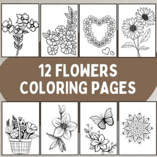 12 easy flower coloring pages featuring simple line drawings of popular flowers like daisies, tulips, and sunflowers. Printable and perfect for children and beginners, formatted for standard letter-sized paper.