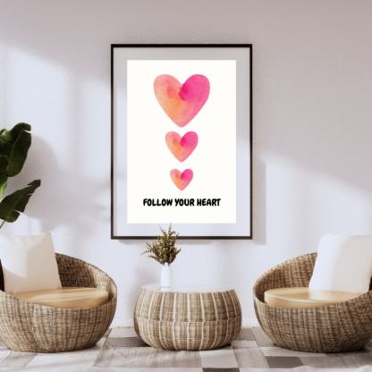 Follow Your Heart pink heart wall art digital download, 16x24 inch printable with inspirational quote for bedroom decor